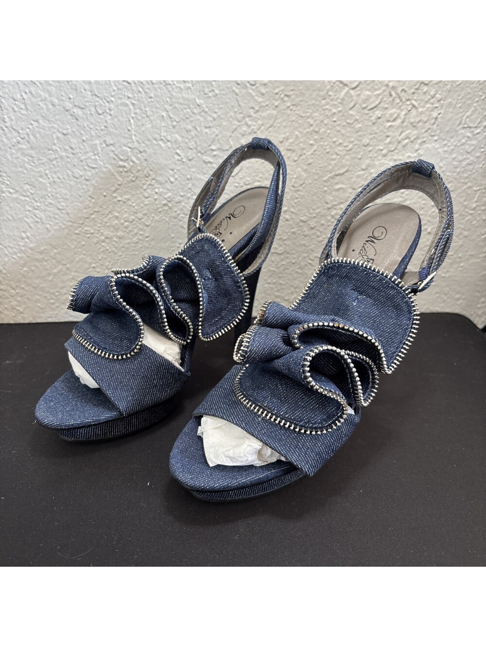 Wild Rose Blue Denim Zipper Ruffle Platform Stiletto 6.5